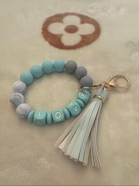 LOVE Beaded Keyring with Tassel - Light Blue